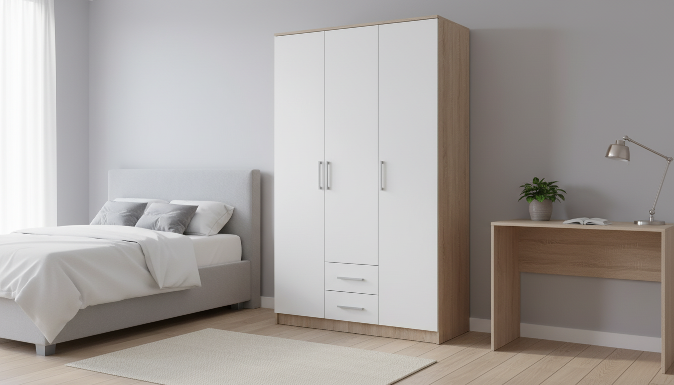 Dulap LIMA S-3, alb/stejar sonoma, PAL laminat, cu 3 usi si 2 sertare, 120x52x205 cm