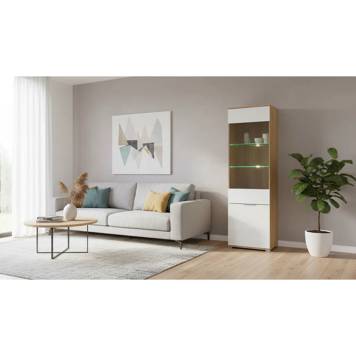 Vitrina ZELE, stejar wotan/alb lucios, PAL laminat, 56x41x195 cm