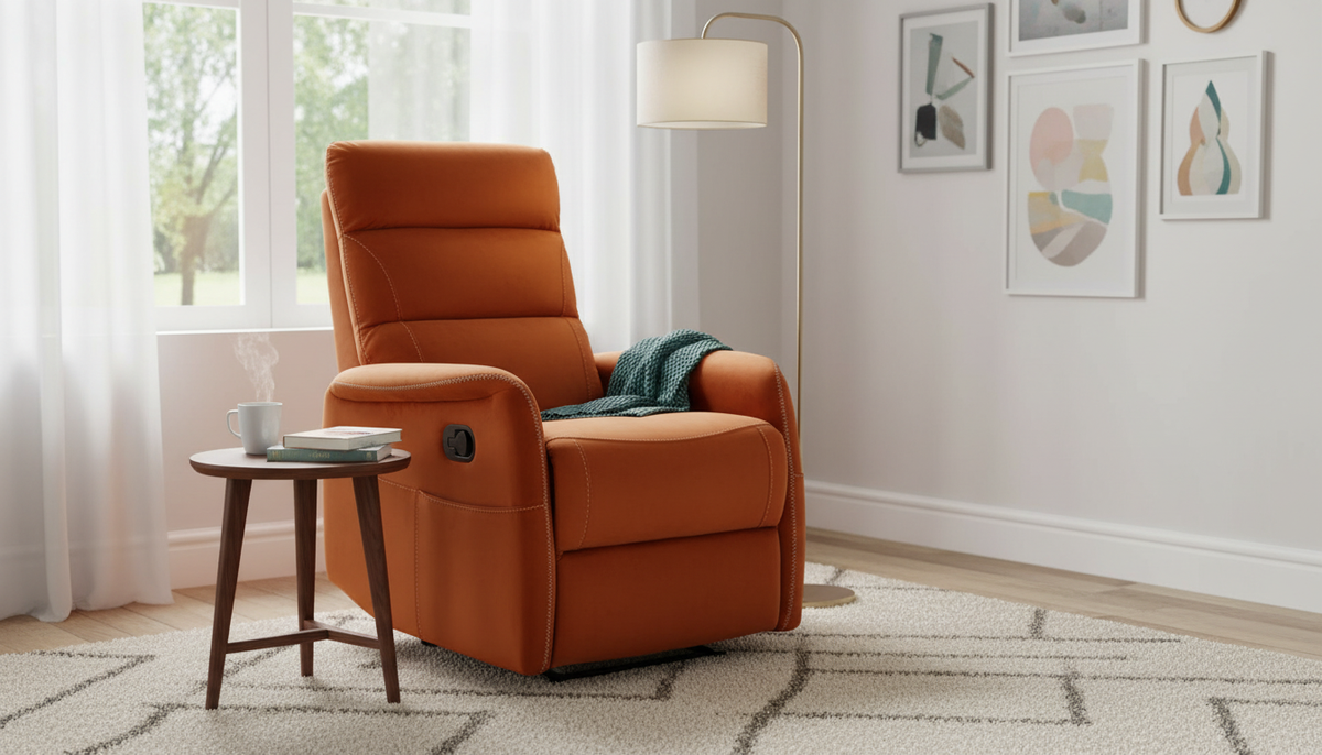 Fotoliu recliner SOLON M, stofa catifelata scortisoara - Bluvel 4215, 74x86/162x106 cm