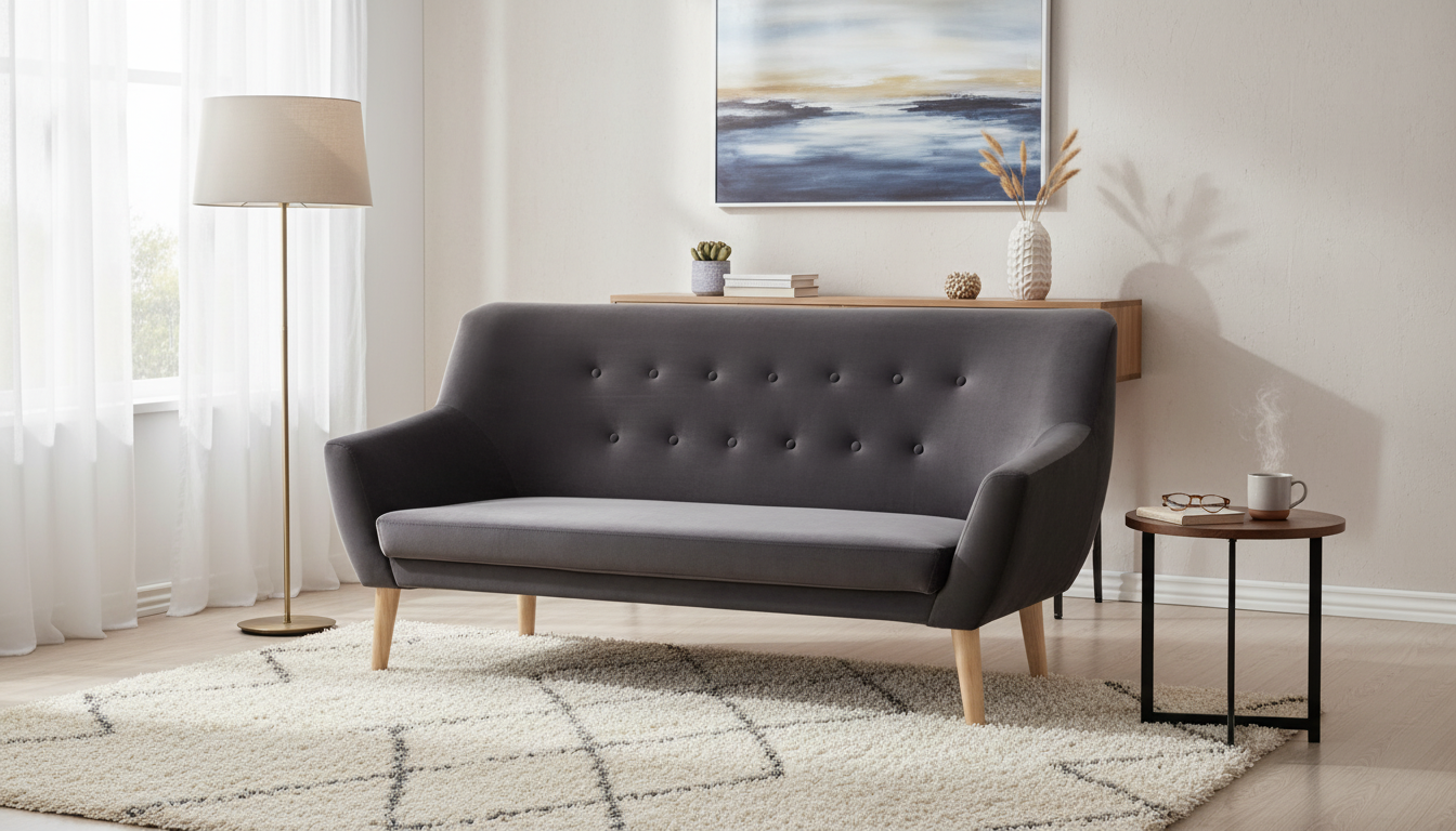 Canapea NORDIC, gri - Bluvel 14, stofa catifelata/lemn de fag, 180x75x90 cm