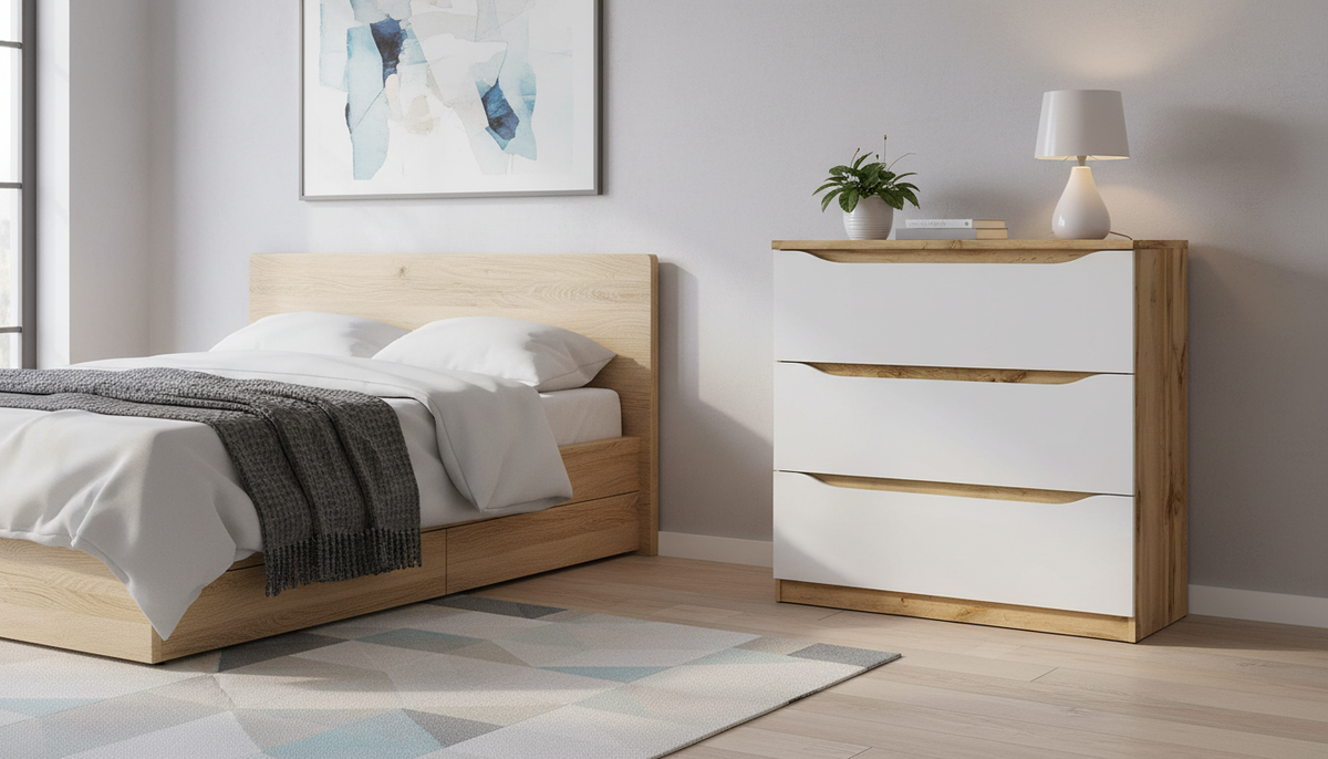 Comoda NUIS, stejar/alb lucios, 90x40x92 cm