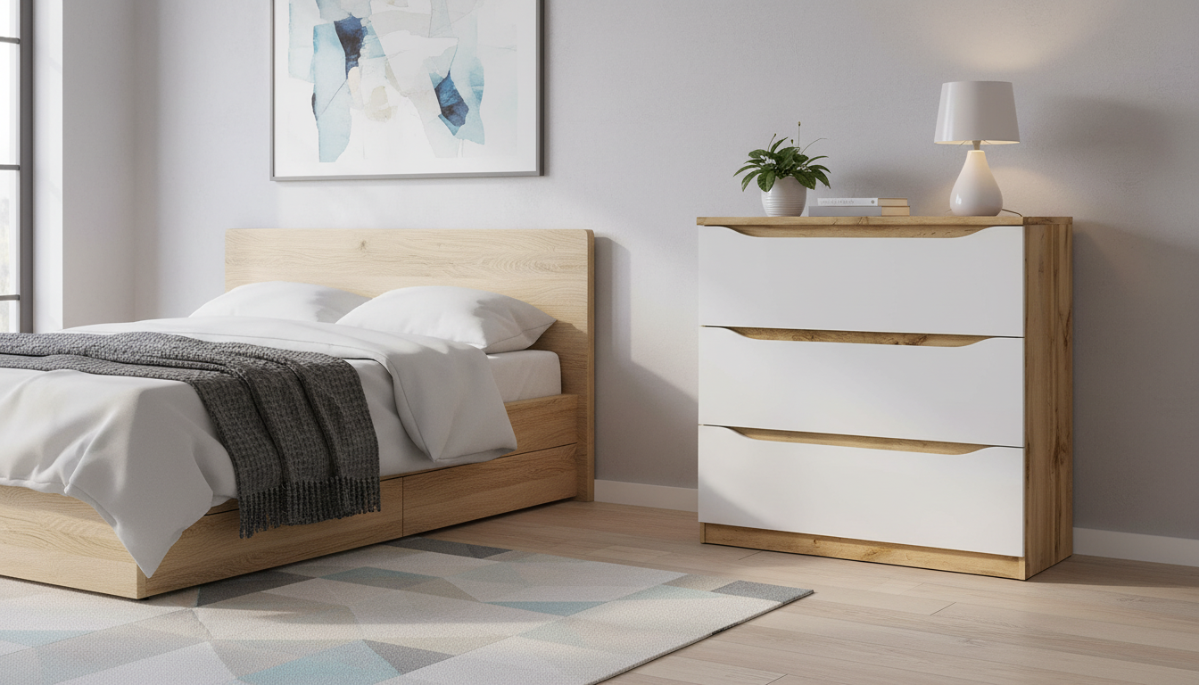 Comoda NUIS, stejar/alb lucios, 90x40x92 cm