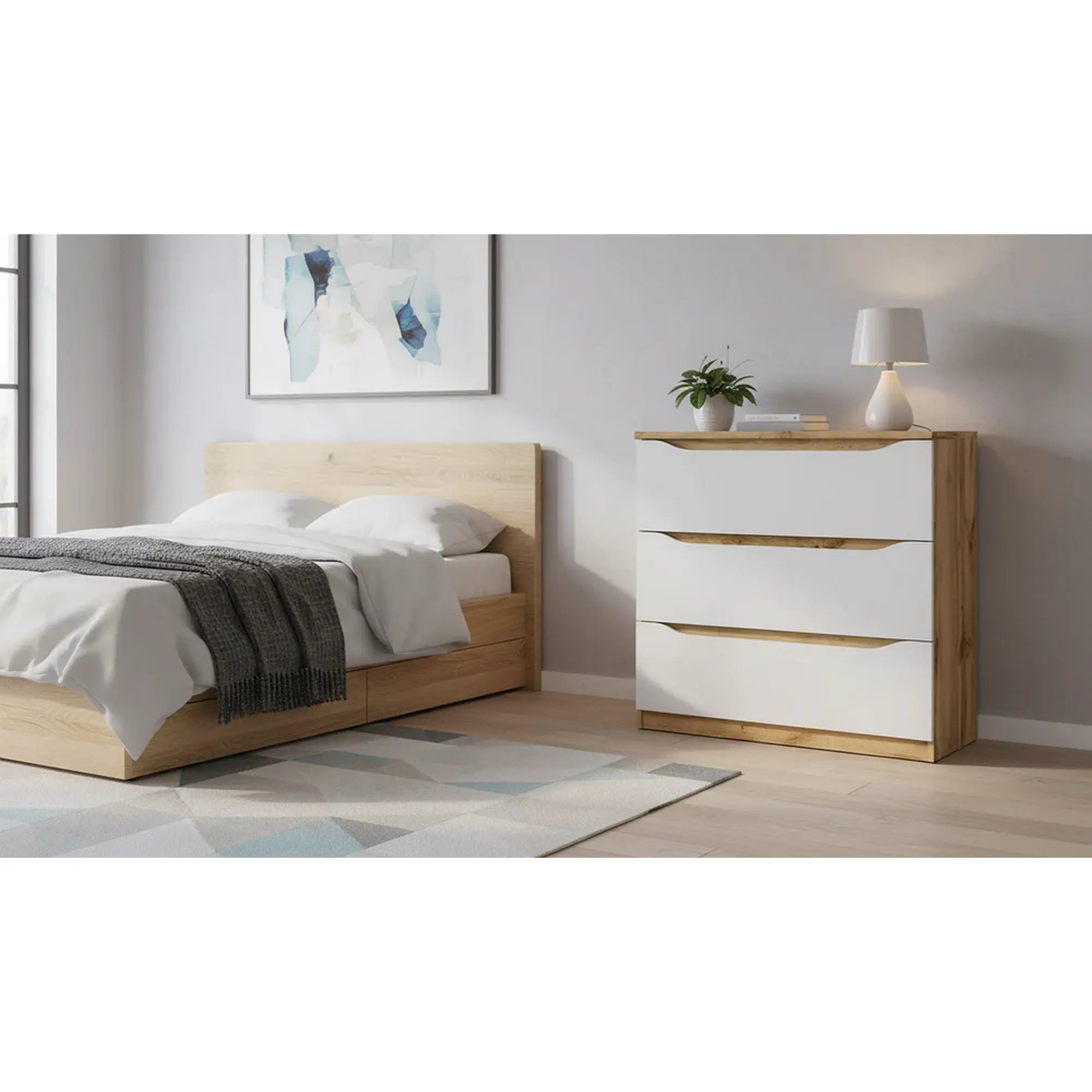 Comoda NUIS, stejar/alb lucios, 90x40x92 cm