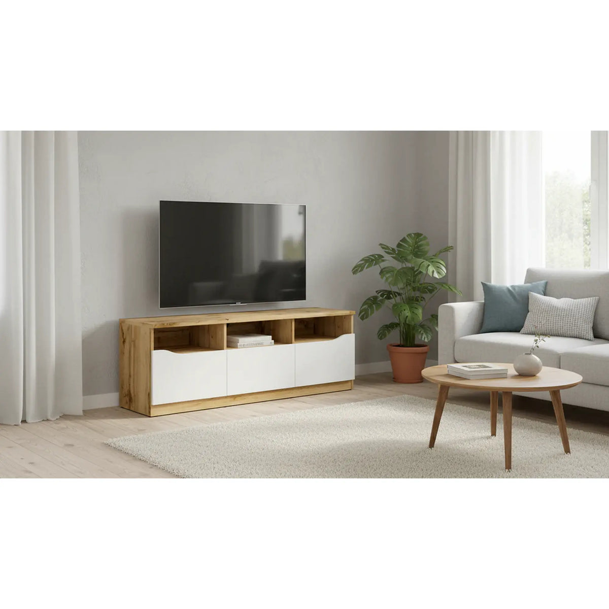 Comoda TV NUIS, stejar/alb lucios, 135x40x48 cm