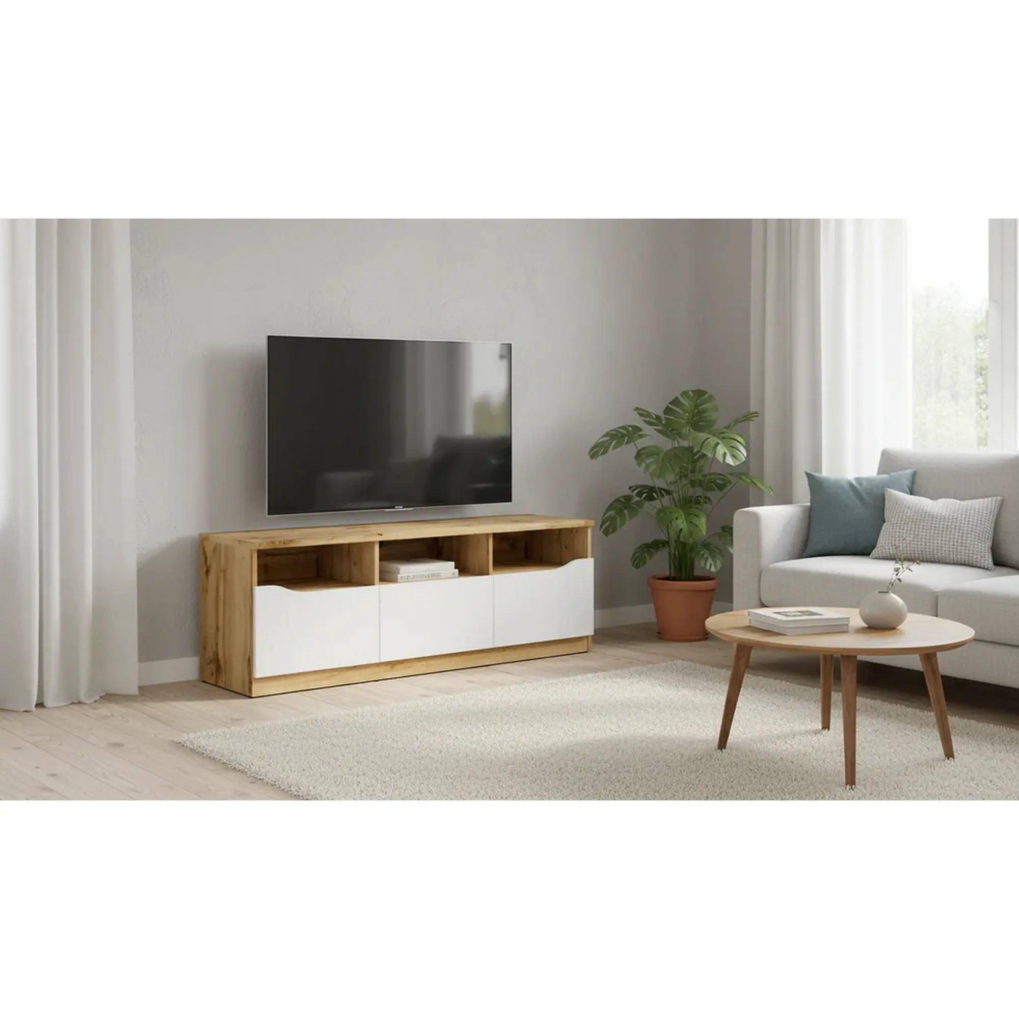 Comoda TV NUIS, stejar/alb lucios, 135x40x48 cm