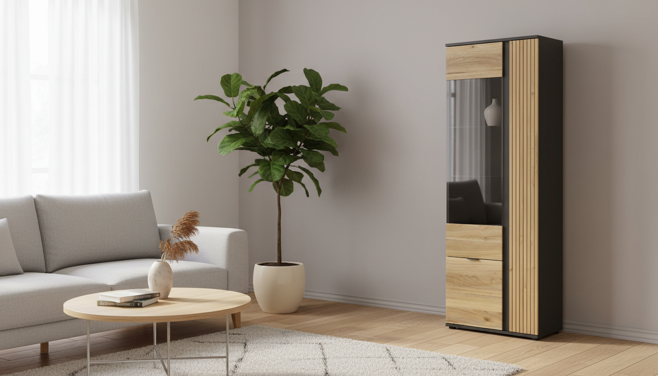 Vitrina LUEN, stejar/negru, PAL laminat/sticla securizata, cu 3 usi, 70x40x196 cm