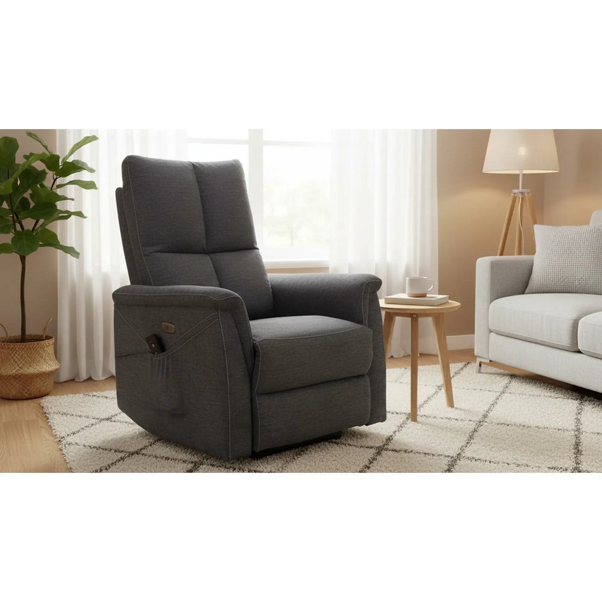 Fotoliu recliner cu functie de masaj NEPTUN M, stofa clasica gri inchis - Brego 18, 76x94/160x96 cm