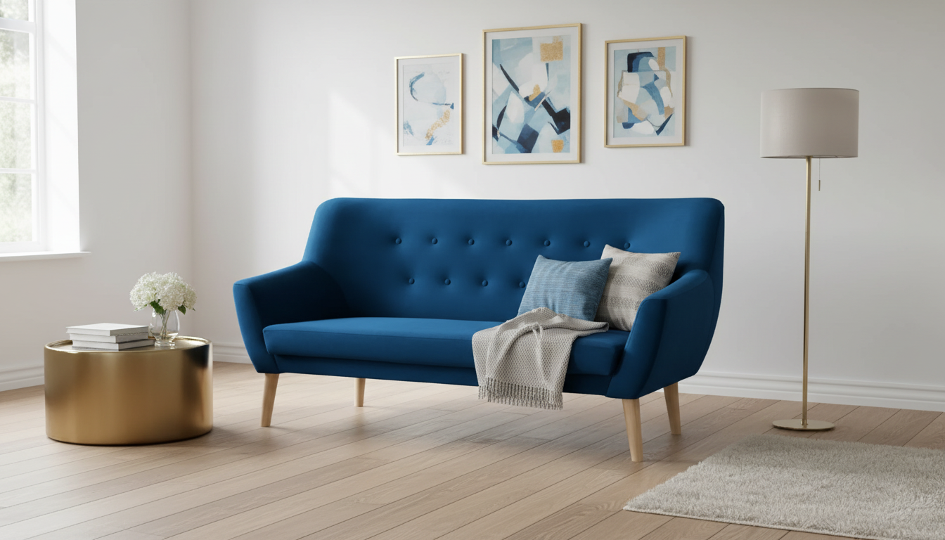 Canapea NORDIC 3, albastru inchis - Bluvel 86, stofa catifelata/lemn, 180x75x90 cm