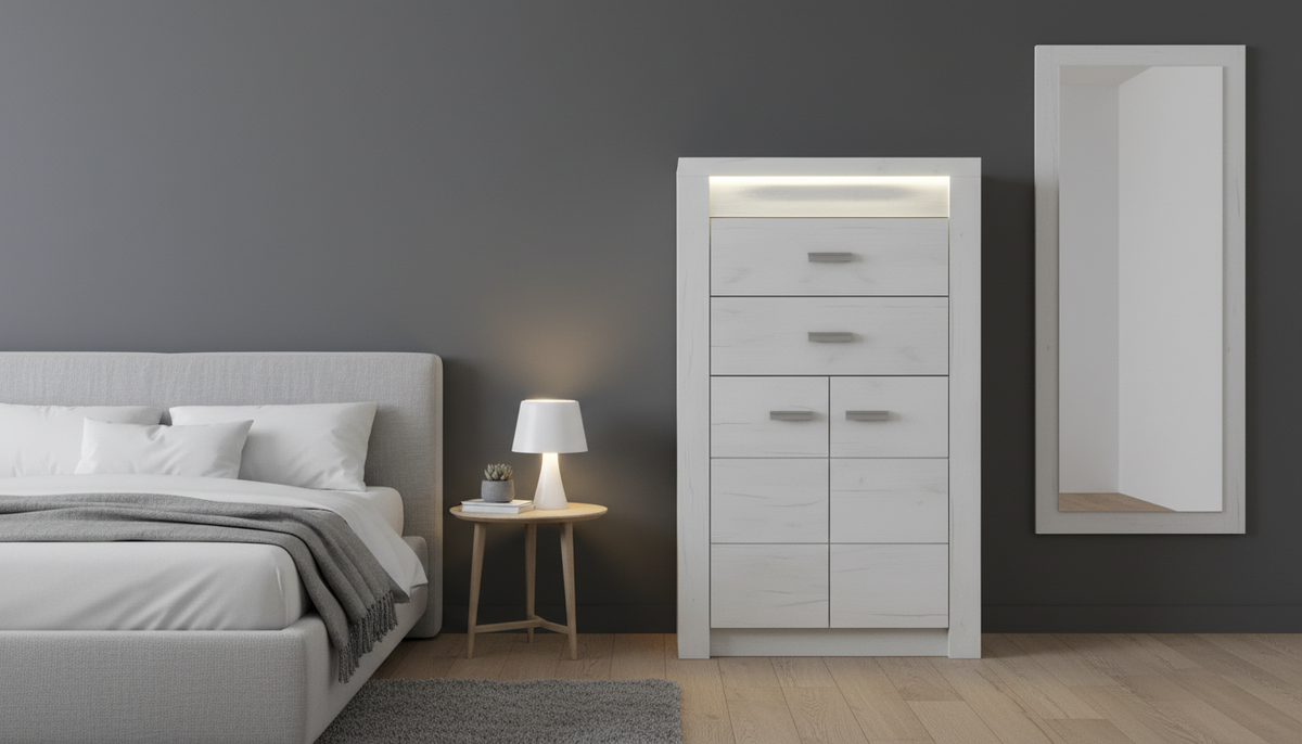 Comoda INFINITY I-06, frasin/alb, PAL melaminat, cu iluminare LED, 76x42x127 cm