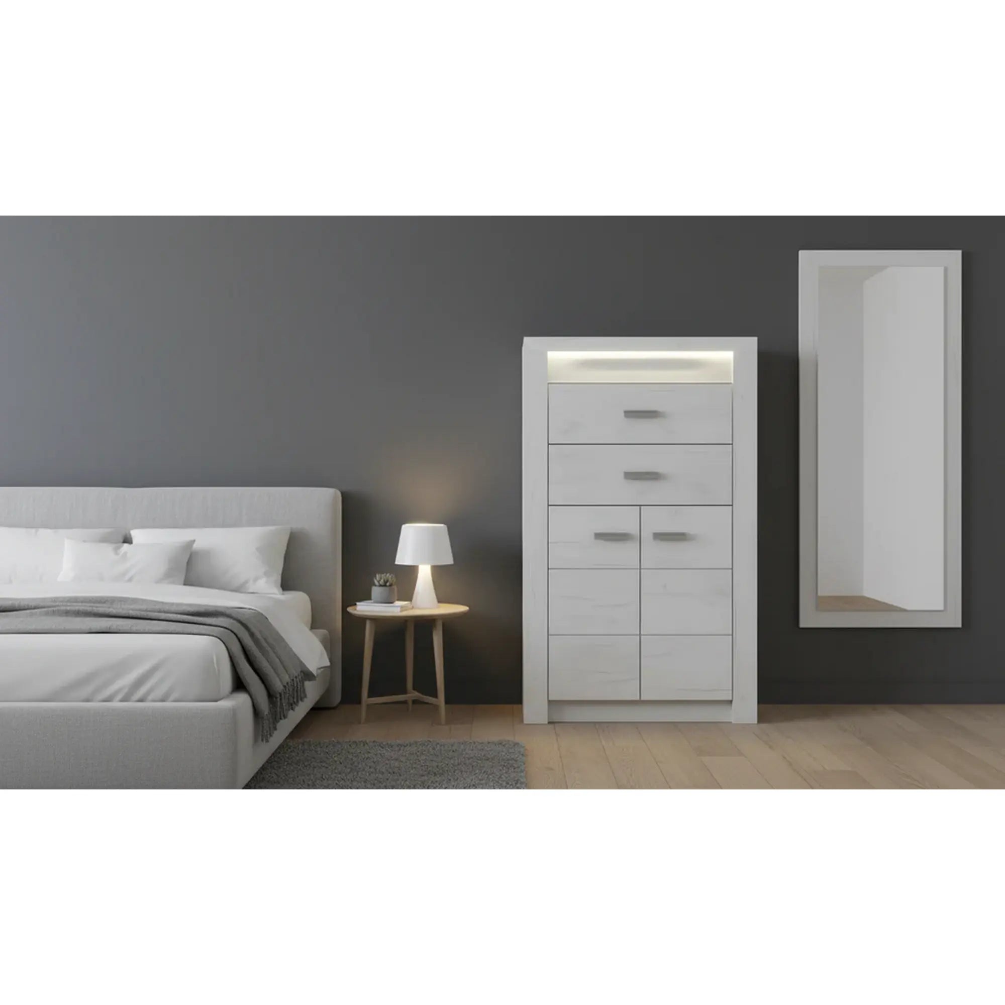 Comoda INFINITY I-06, frasin/alb, PAL melaminat, cu iluminare LED, 76x42x127 cm