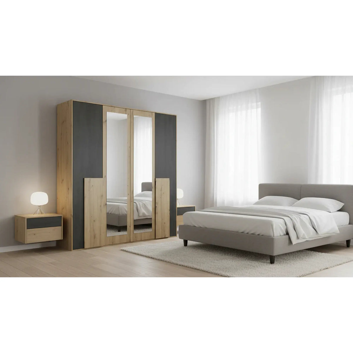 Dressing BAFRA, stejar artisan/pin negru, PAL laminat, cu 4 usi, 200x65x203 cm