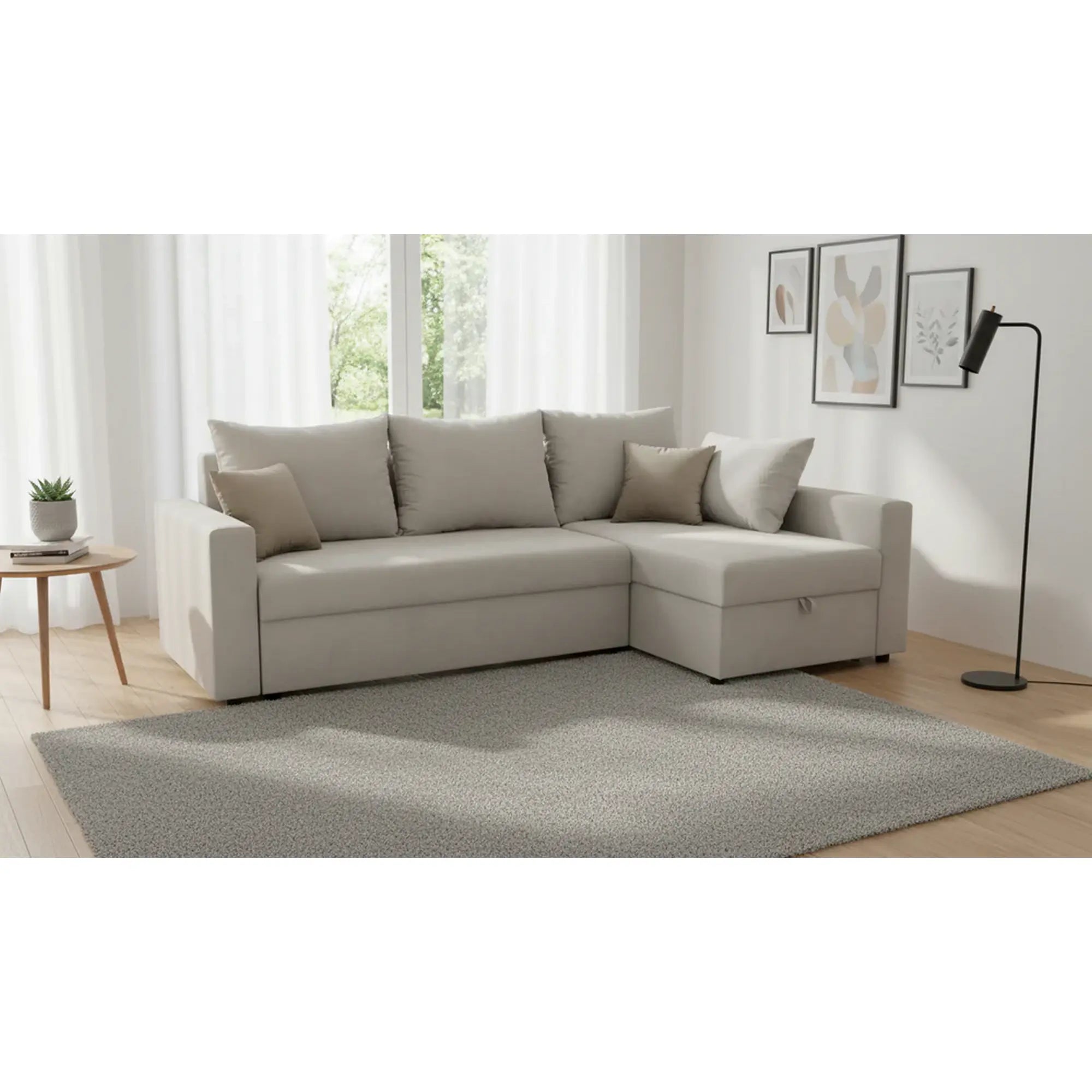 Coltar extensibil PREZEMEK IV, universal, stofa clasica bej, cu lada depozitare, 240x138x89 cm