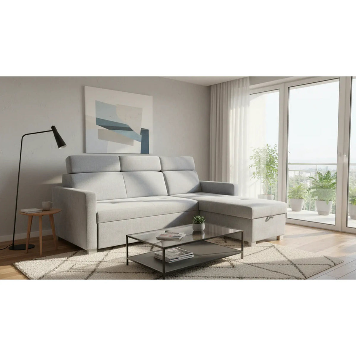 Coltar extensibil BRICO, universal, stofa catifelata gri - Element 23, cu lada depozitare, 204x168x99 cm