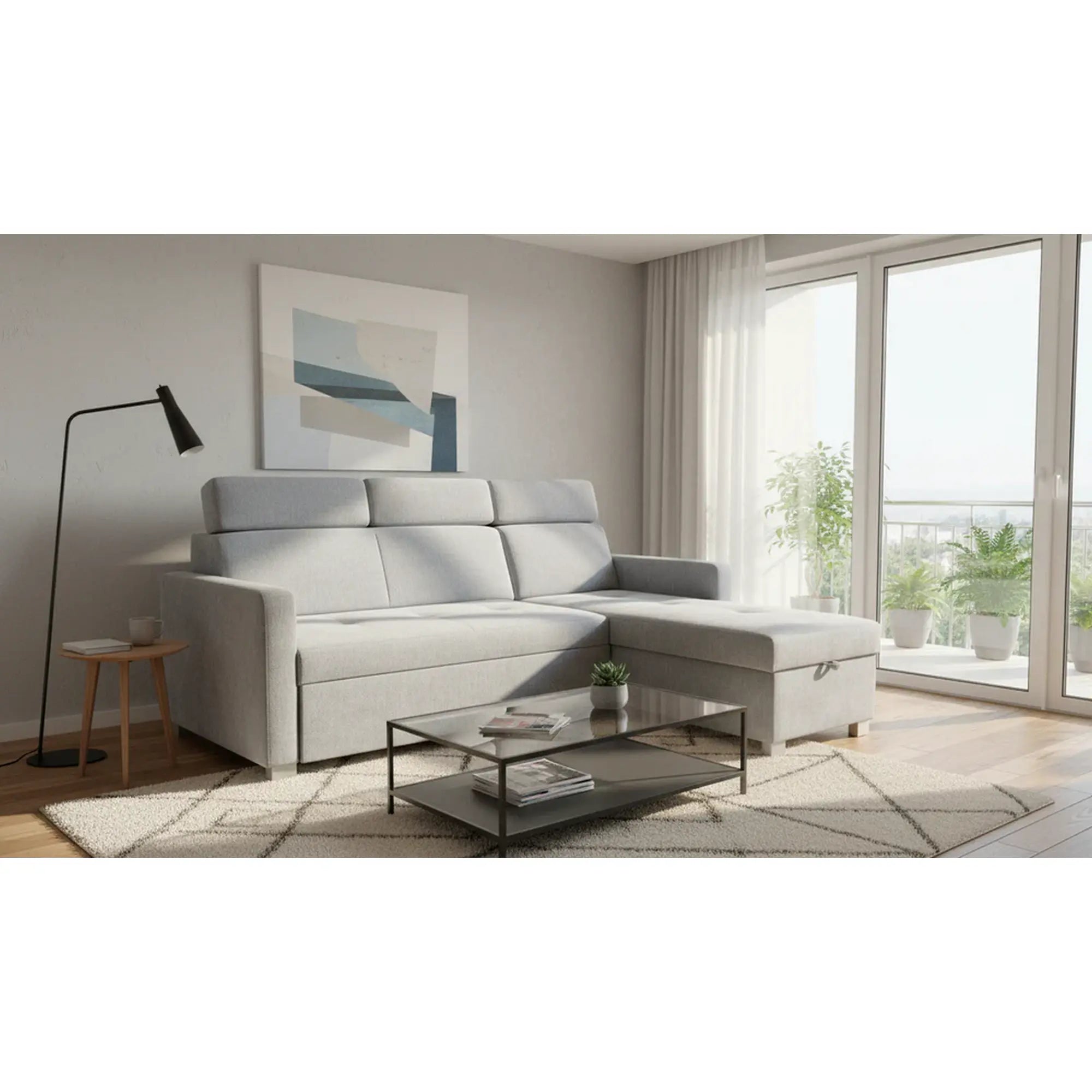 Coltar extensibil BRICO, universal, stofa catifelata gri - Element 23, cu lada depozitare, 204x168x99 cm