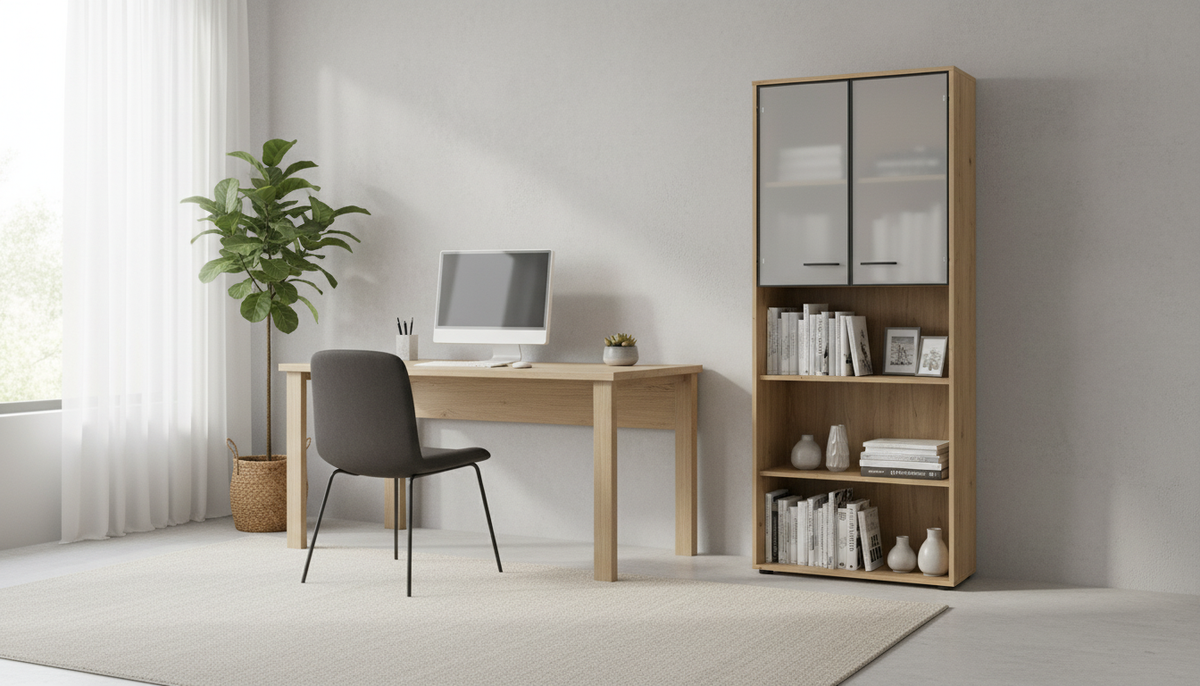 Vitrina SPACE OFFICE, stejar artisan/negru fumuriu, PAL laminat/sticla, cu 2 usi si 3 rafturi, 80x38x203 cm