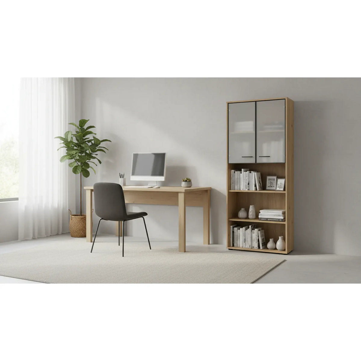 Vitrina SPACE OFFICE, stejar artisan/negru fumuriu, PAL laminat/sticla, cu 2 usi si 3 rafturi, 80x38x203 cm