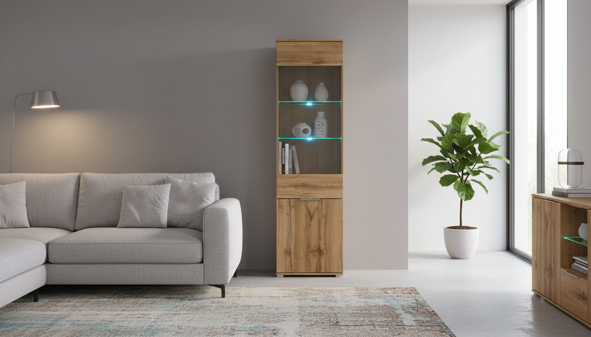 Vitrina ZELE, stejar wotan, PAL laminat, 56x41x195 cm