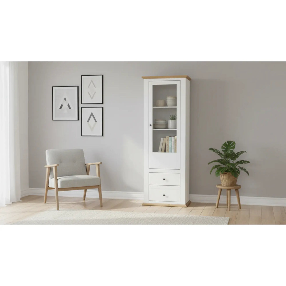Vitrina LEON MZ4, alb/stejar deschis, PAL laminat, 70x40x200 cm