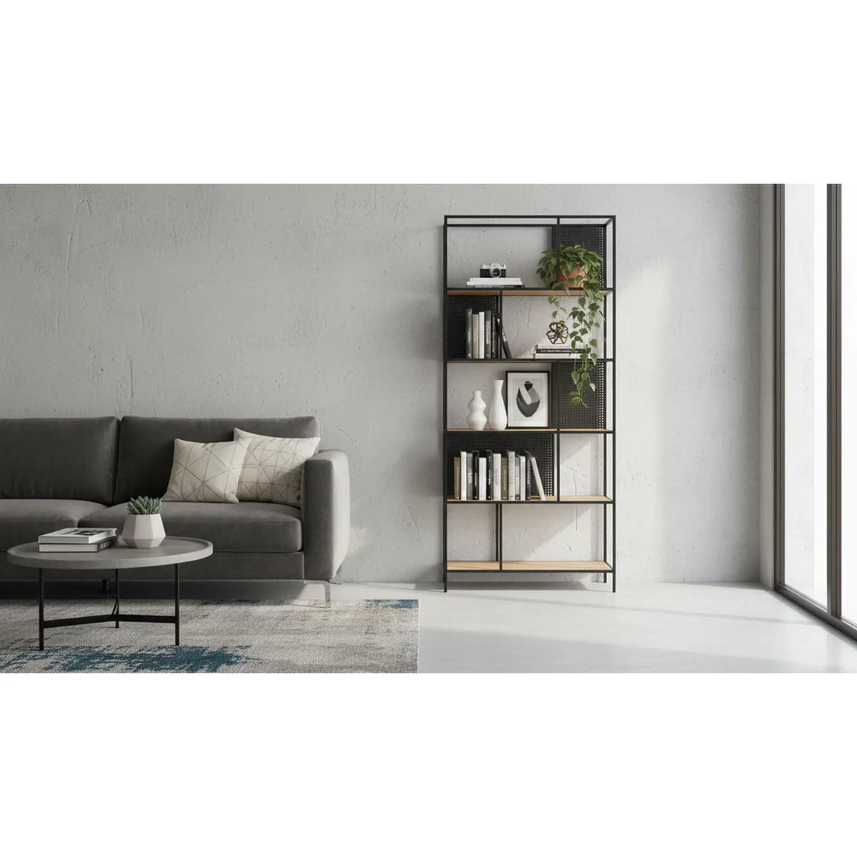 Biblioteca LEON, negru/stejar, 76x33x180 cm