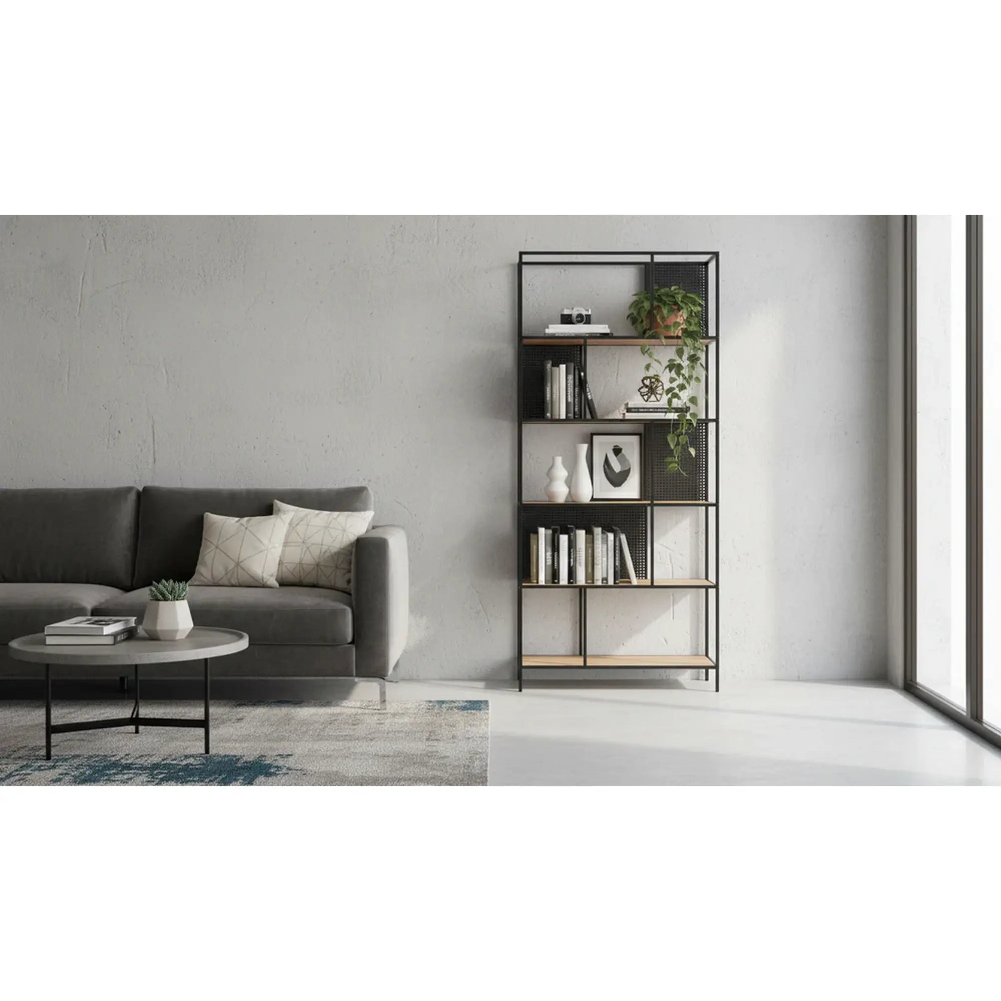 Biblioteca LEON, negru/stejar, 76x33x180 cm