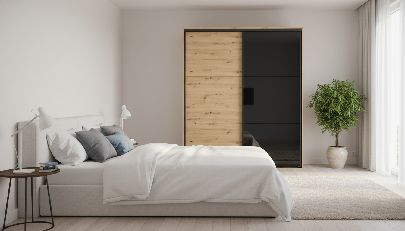 Dulap FLEX, stejar artisan/negru lucios, PAL, cu 2 usi glisante, 180x66x218 cm