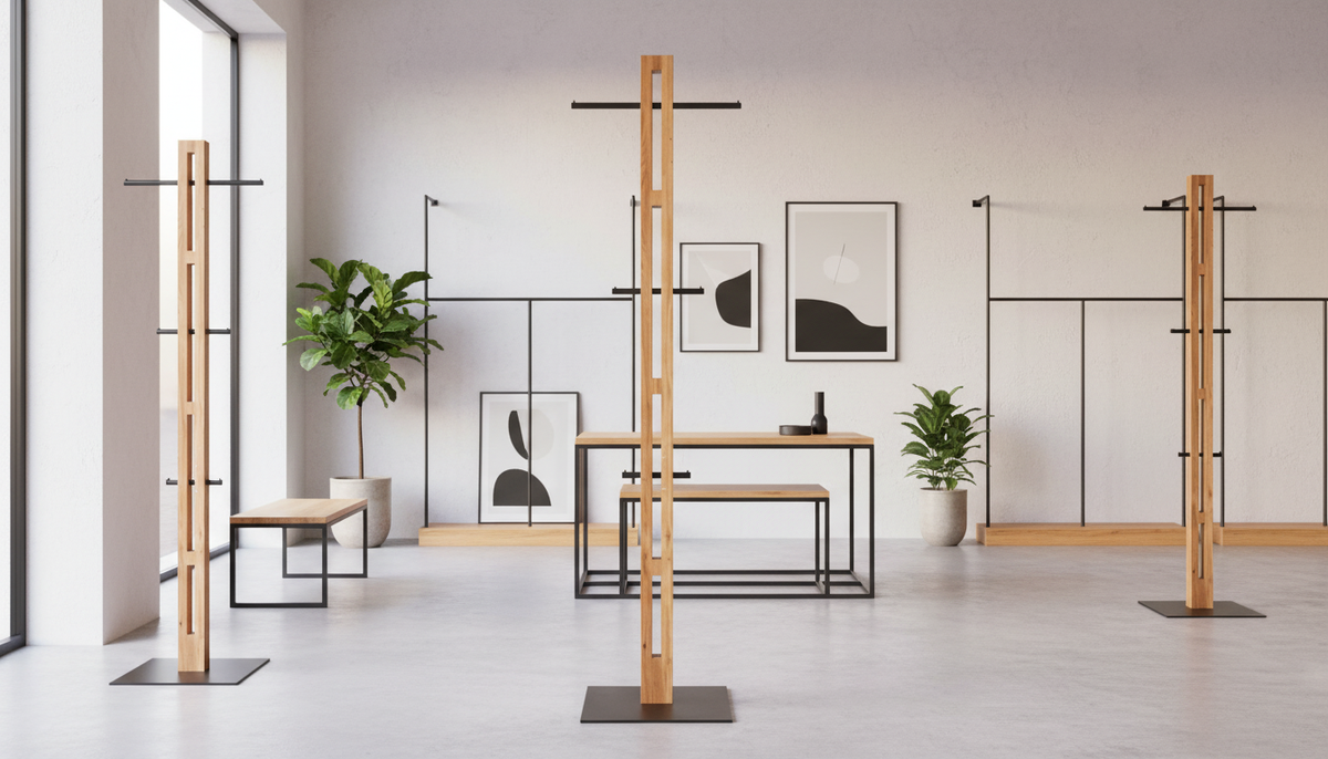 Cuier pom HALBERT, stejar/negru, lemn/metal, 45x40x175 cm