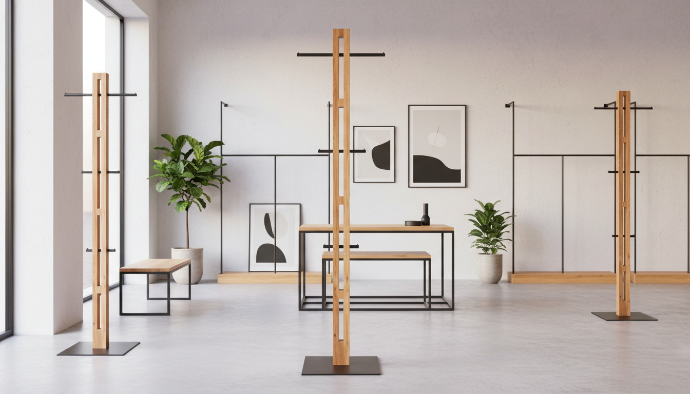 Cuier pom HALBERT, stejar/negru, lemn/metal, 45x40x175 cm