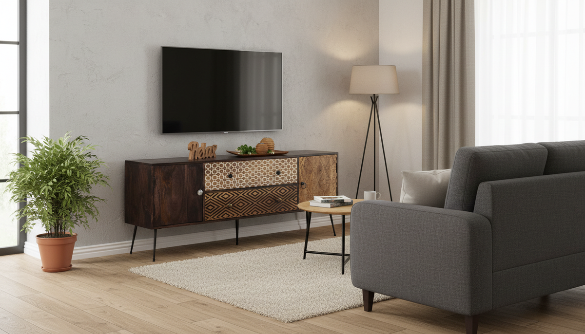 Comoda TV TAMANI, nuc/negru, lemn/metal, 157x35x60 cm