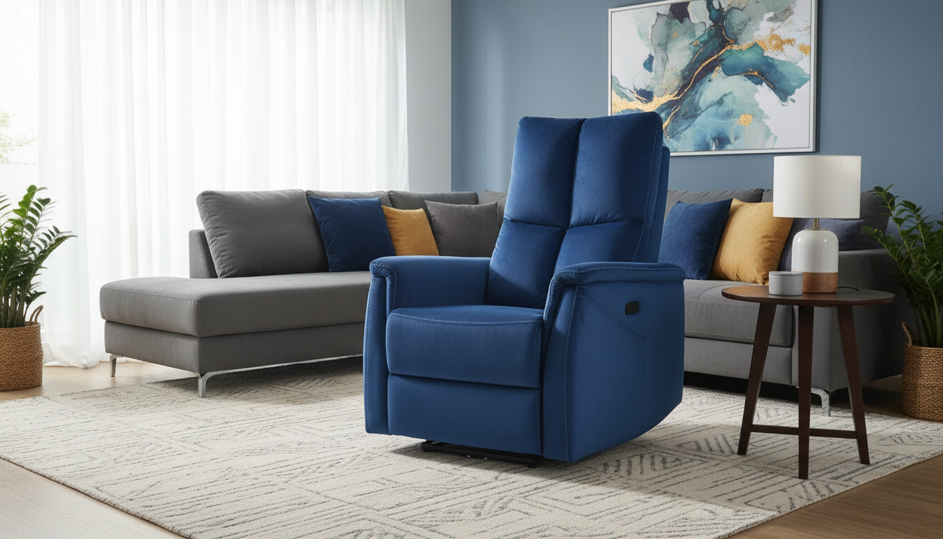 Fotoliu recliner cu functie de masaj NEPTUN M, stofa catifelata albastru - Bluvel 86, 76x94/159x96 cm