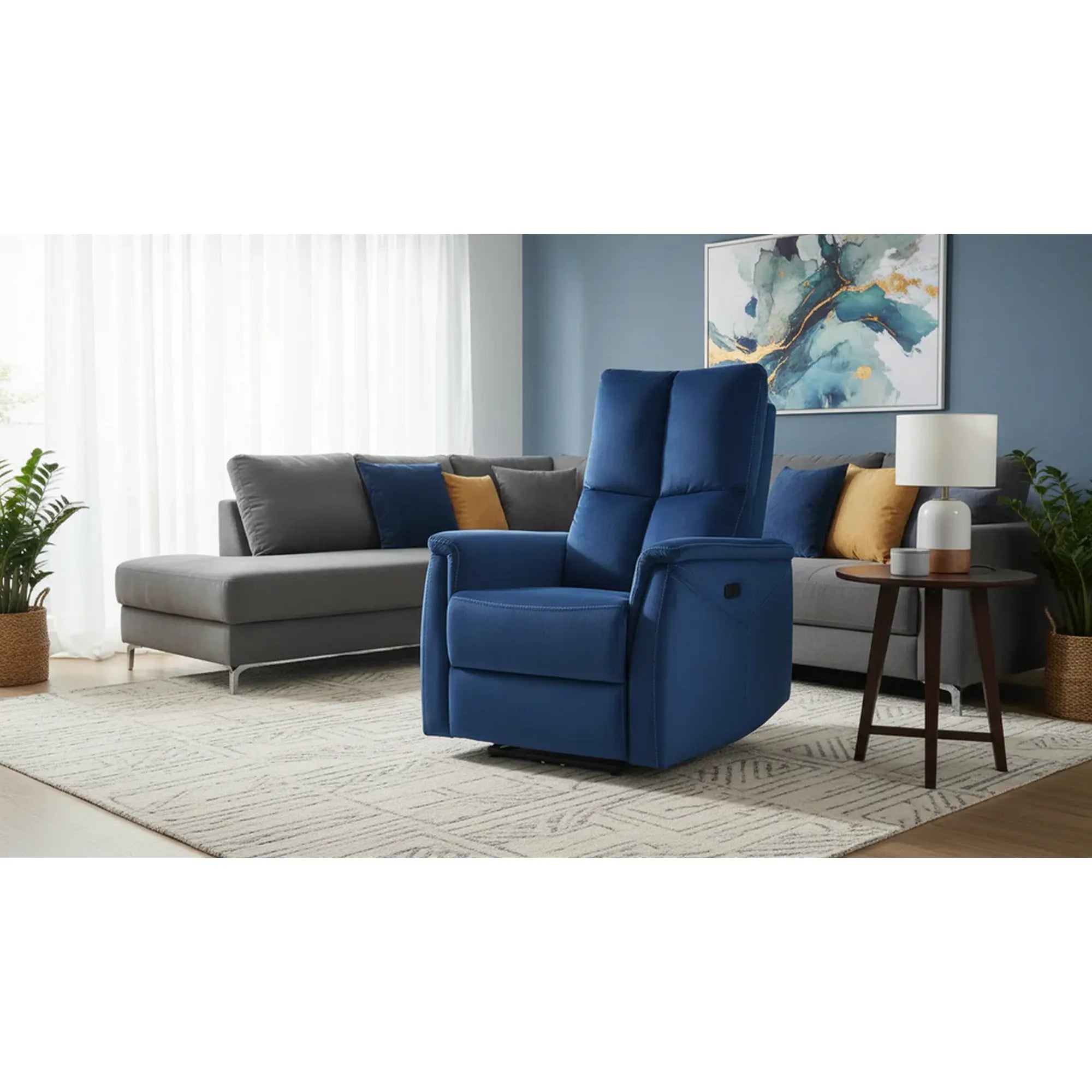 Fotoliu recliner cu functie de masaj NEPTUN M, stofa catifelata albastru - Bluvel 86, 76x94/160x96 cm