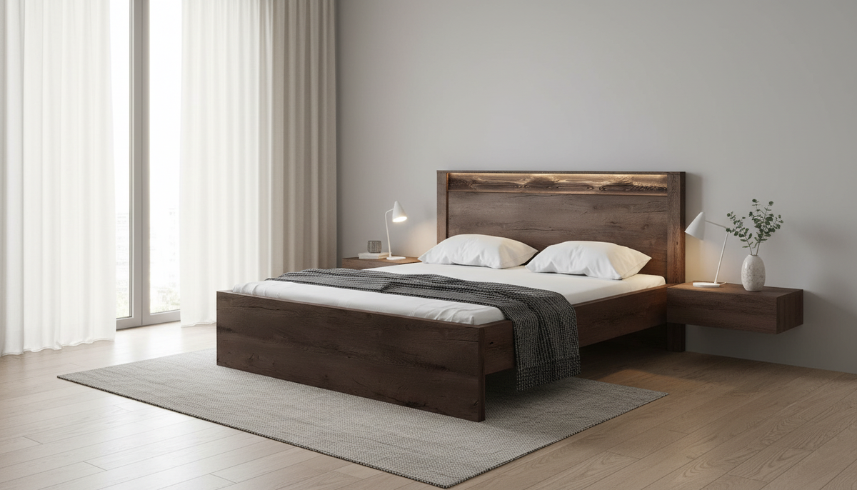 Pat INFINITY I-19 160x200, frasin inchis, PAL/metal, cu iluminare LED si somiera