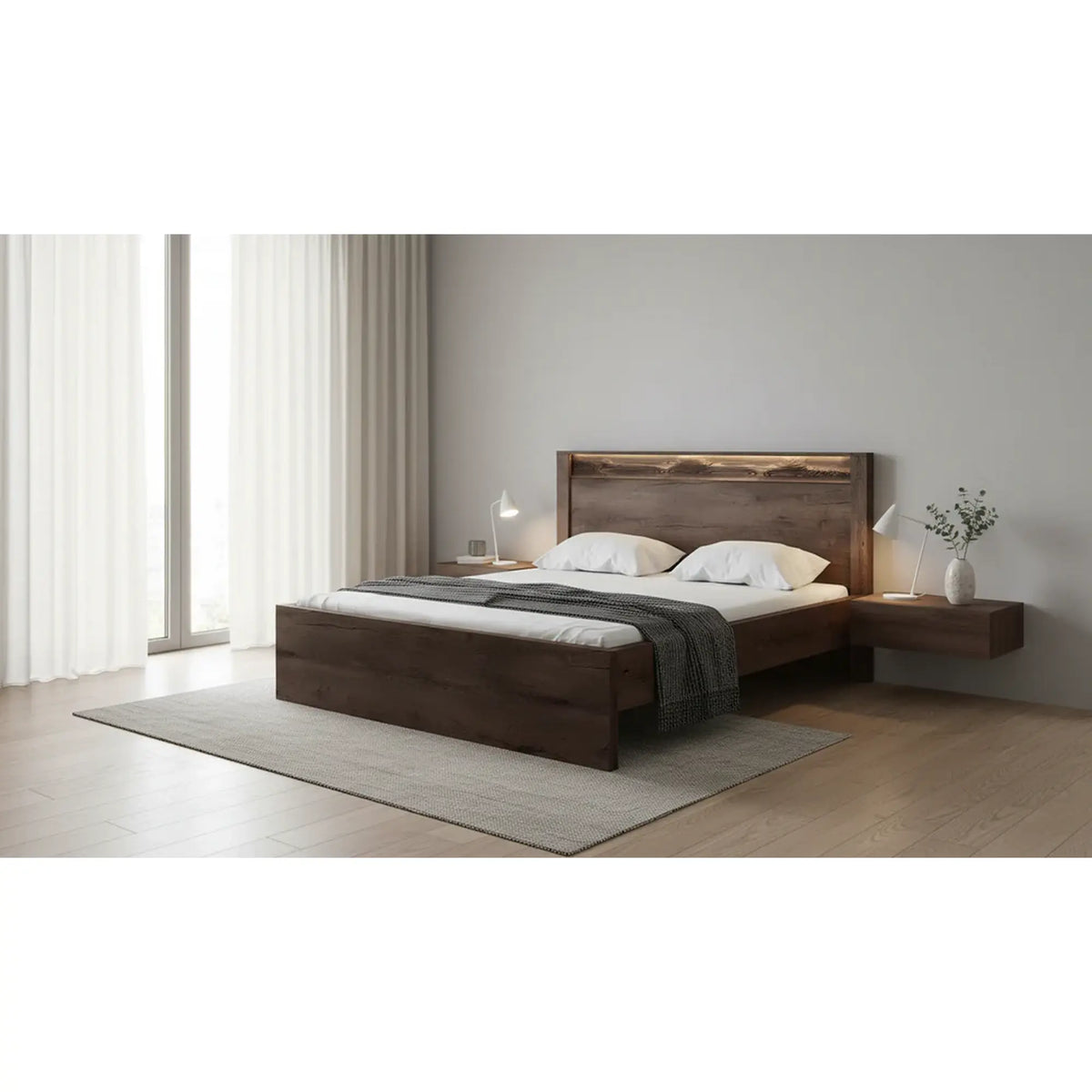 Pat INFINITY I-19 160x200, frasin inchis, PAL/metal, cu iluminare LED si somiera