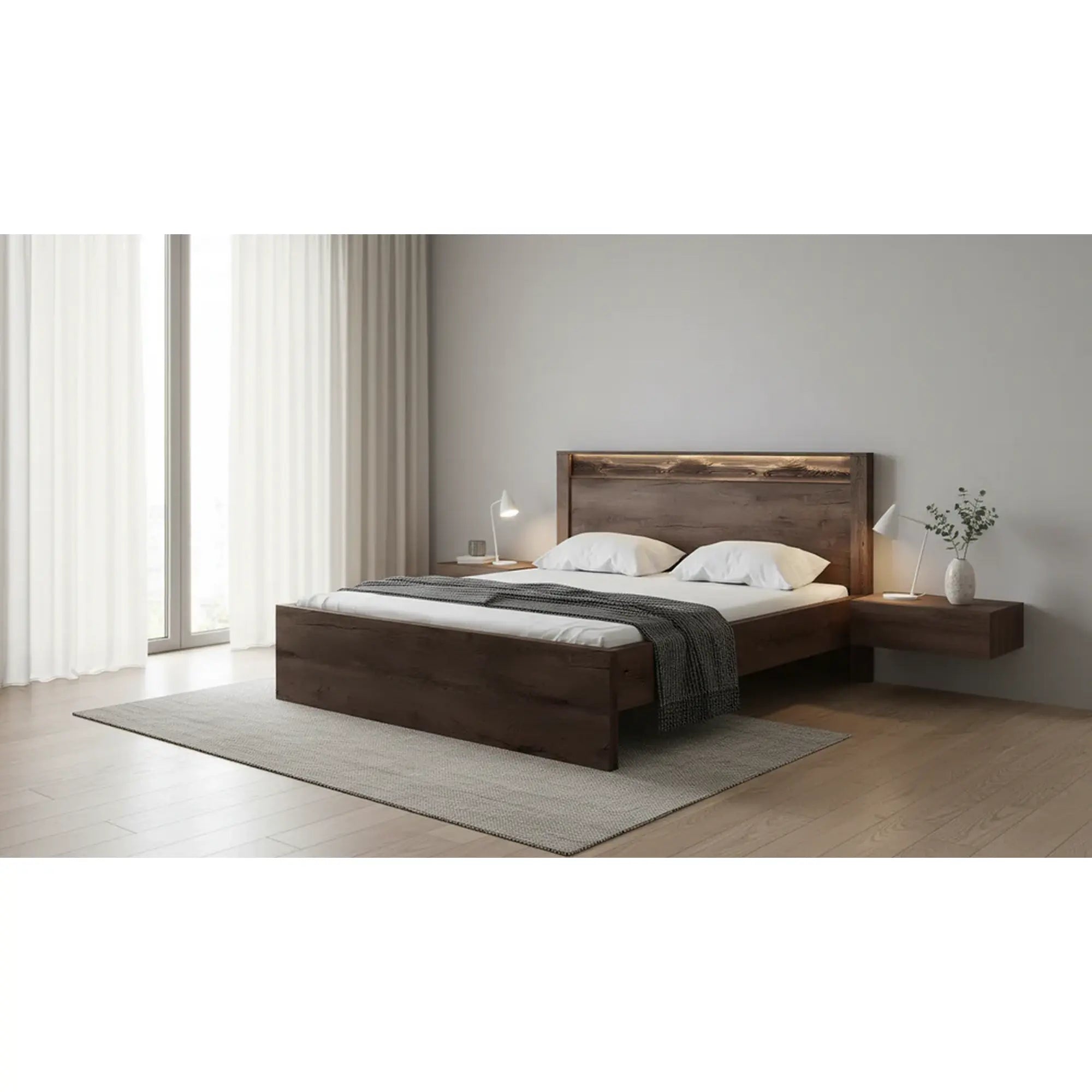 Pat INFINITY I-19 160x200, frasin inchis, PAL/metal, cu iluminare LED si somiera