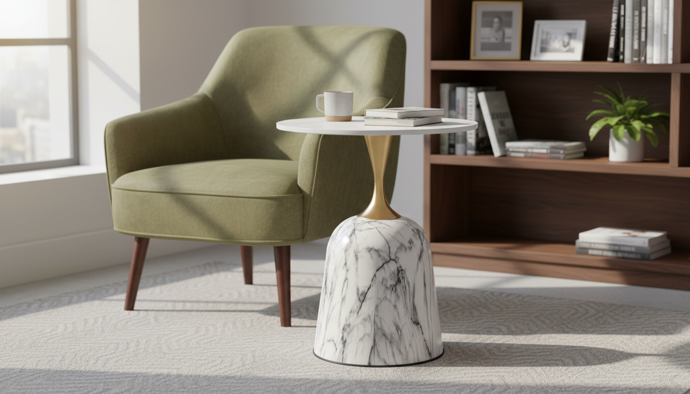 Masuta cafea FAMA, alb cu imprimeu marmura/auriu, ceramica/metal, 50x59 cm