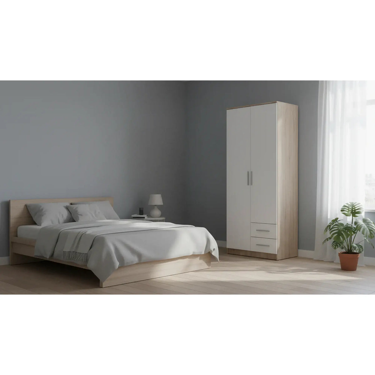 Dulap LIMA S-2, alb/stejar sonoma, PAL laminat, cu 2 usi si 2 sertare, 80x52x205 cm