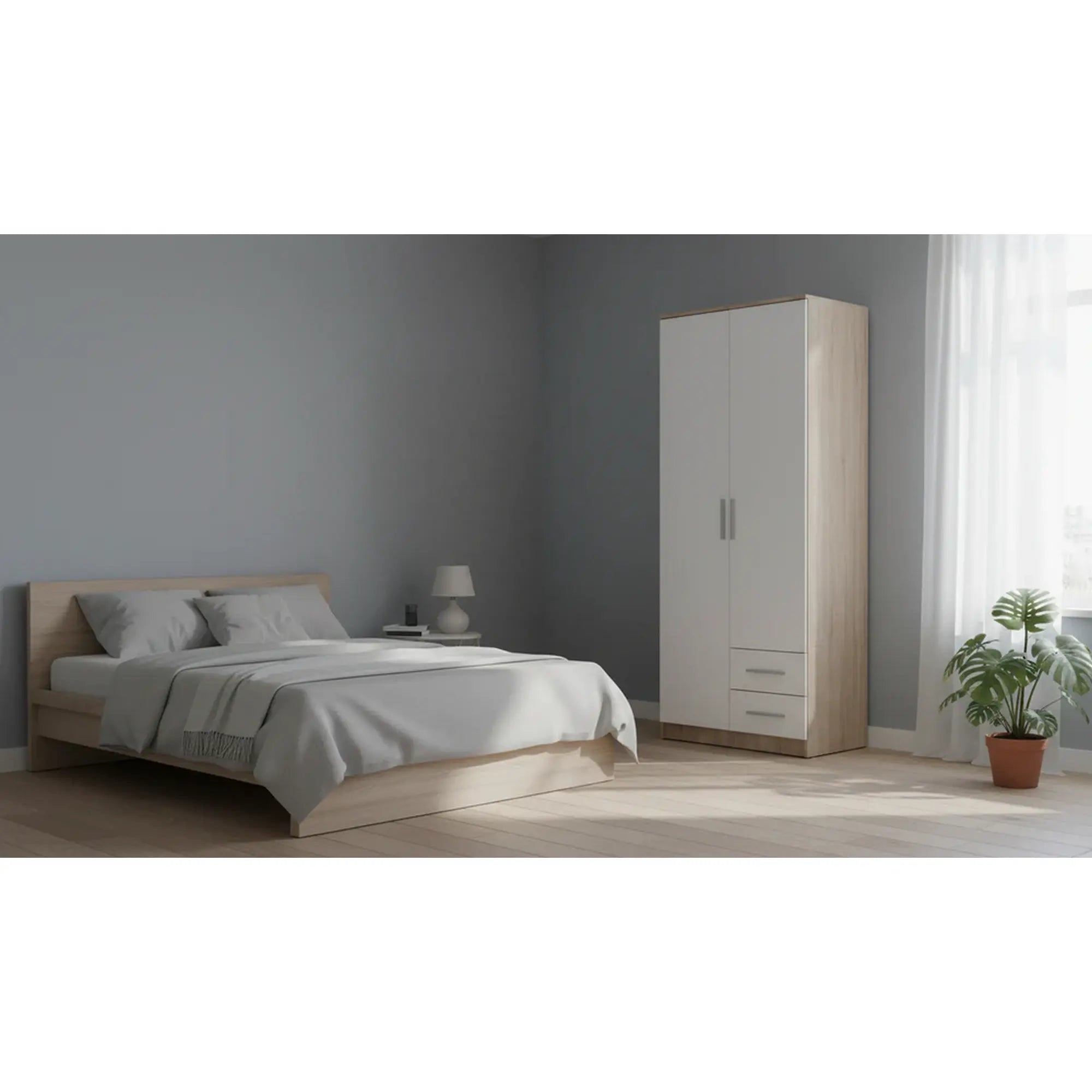 Dulap LIMA S-2, alb/stejar sonoma, PAL laminat, cu 2 usi si 2 sertare, 80x52x205 cm