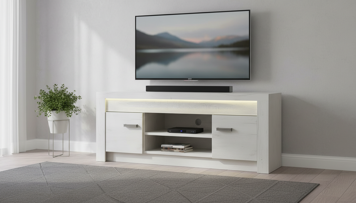 Comoda TV INFINITY I-09, frasin alb, PAL melaminat, cu iluminare LED, 137x42x53 cm