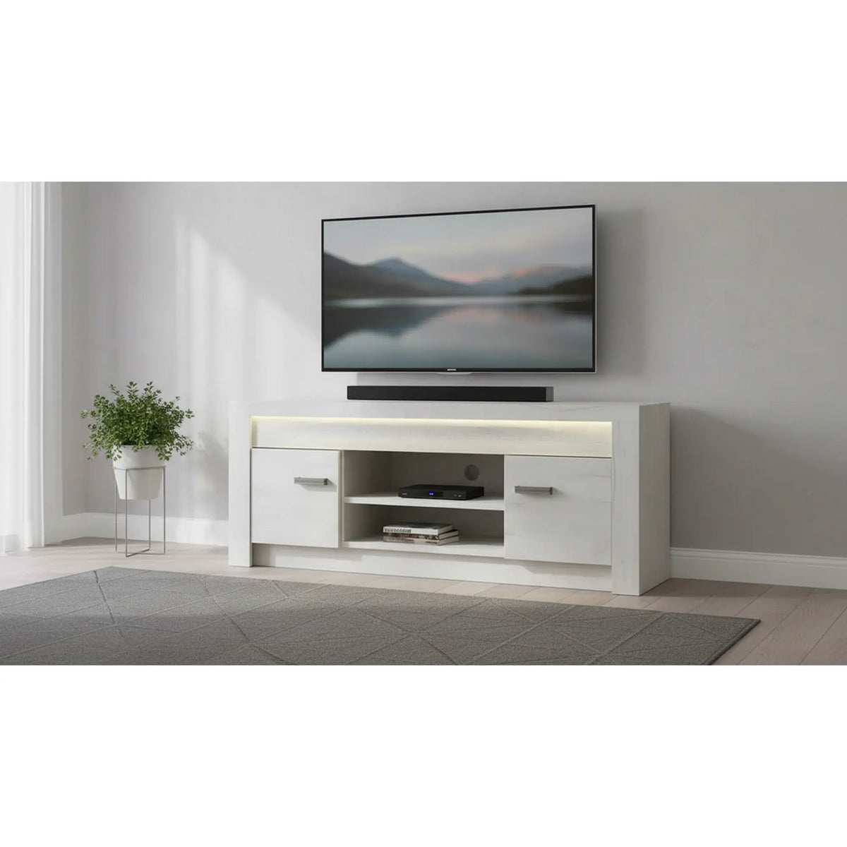 Comoda TV INFINITY I-09, frasin alb, PAL melaminat, cu iluminare LED, 137x42x53 cm