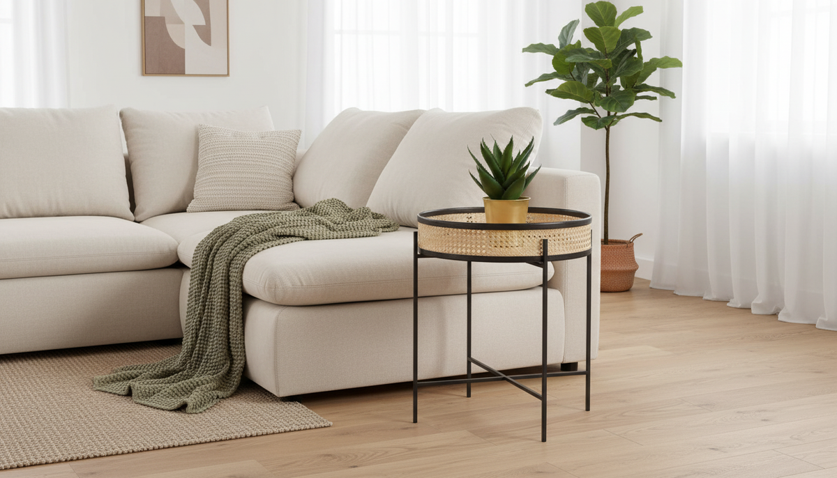 Masuta cafea LANIPA, negru/stejar natural, ratan/otel, 50x50x55 cm