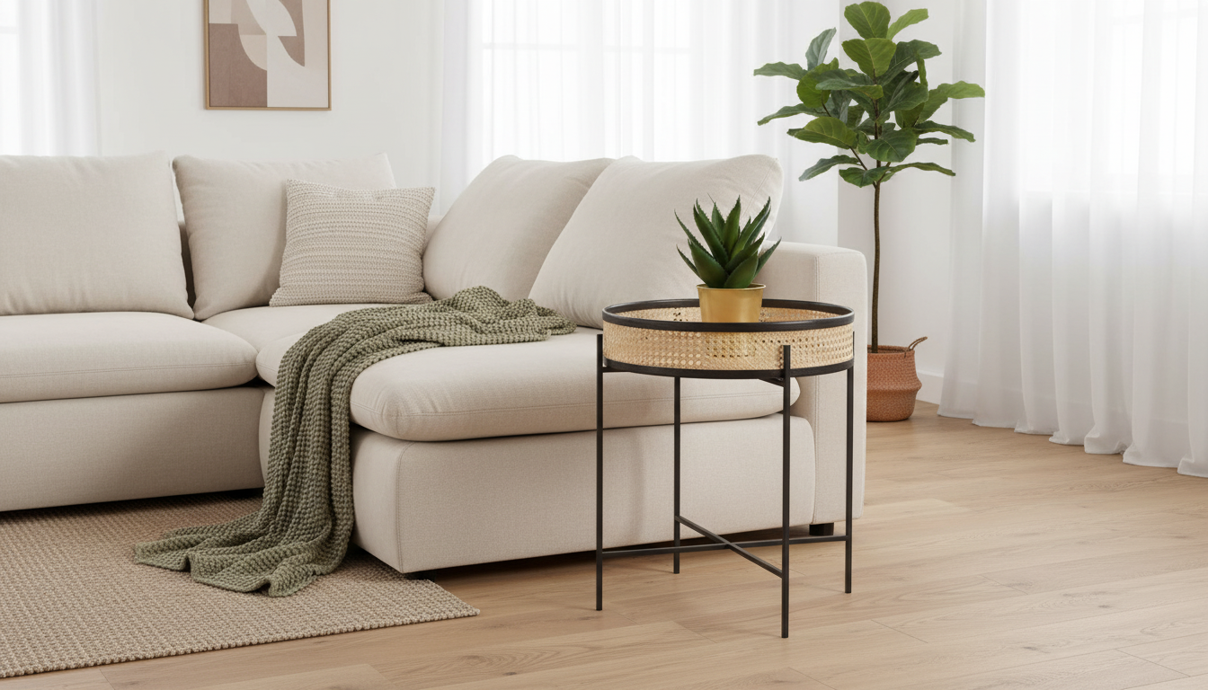 Masuta cafea LANIPA, negru/stejar natural, ratan/otel, 50x50x55 cm