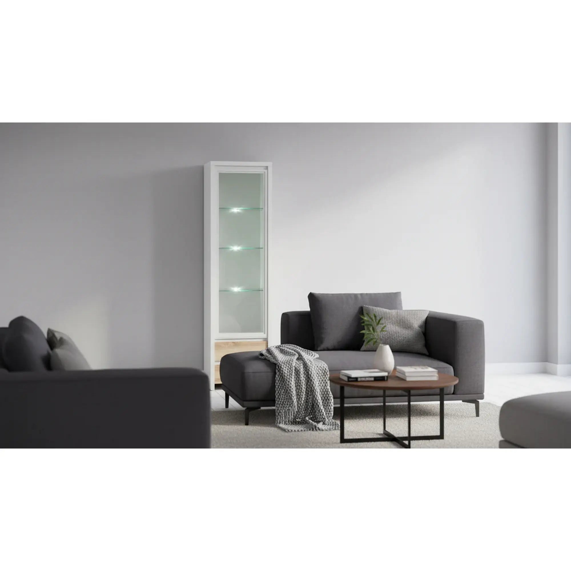 Vitrina KASPIAN, alb/stejar sonoma, PAL/sticla securizata, 56x41x201 cm