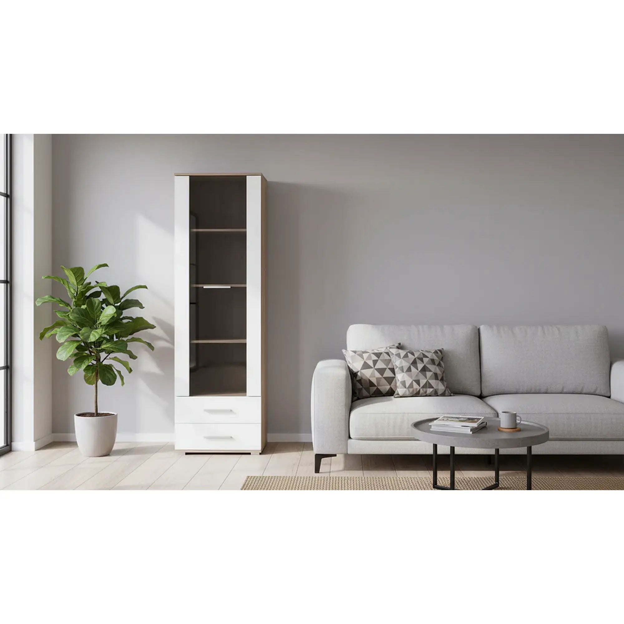 Vitrina LIMA, alb/stejar sonoma, PAL/sticla, 60x40x200 cm