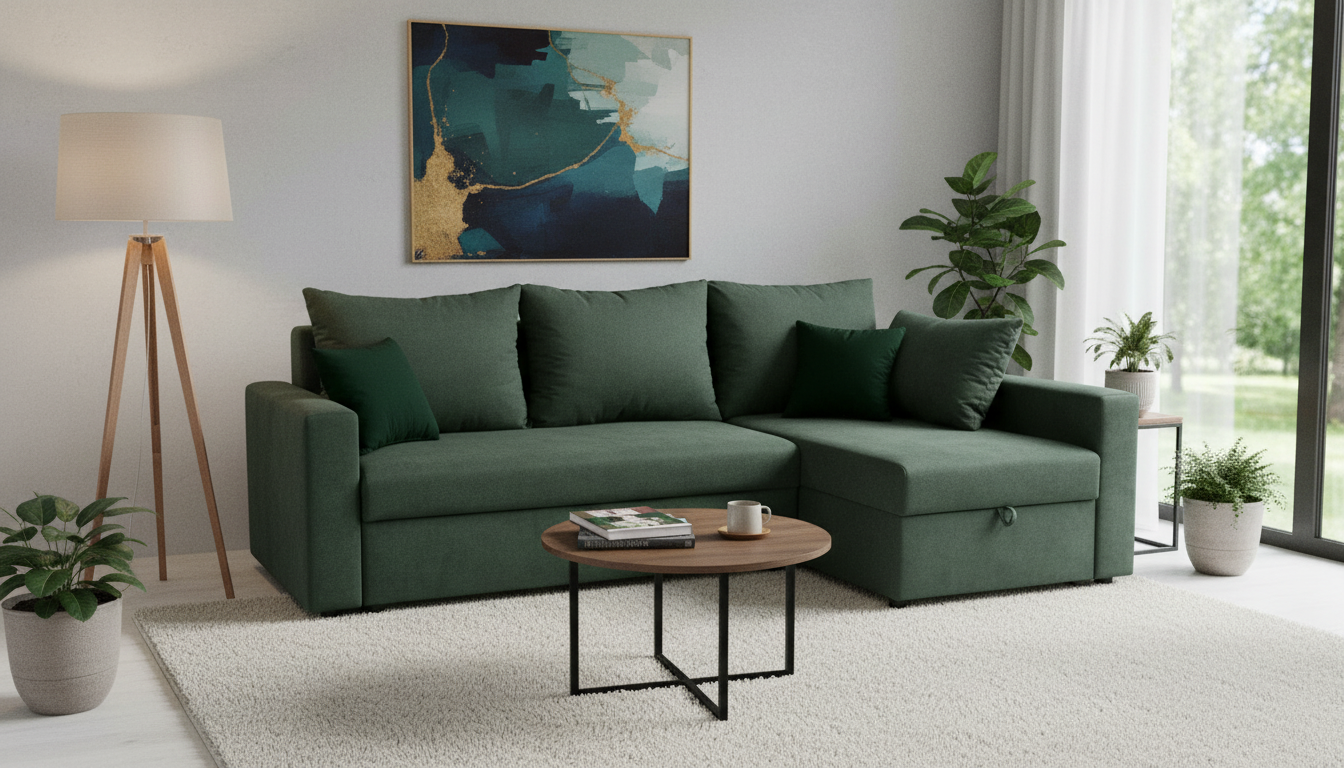 Coltar extensibil PREZEMEK IV, universal, stofa clasica verde, cu lada depozitare, 240x138x89 cm