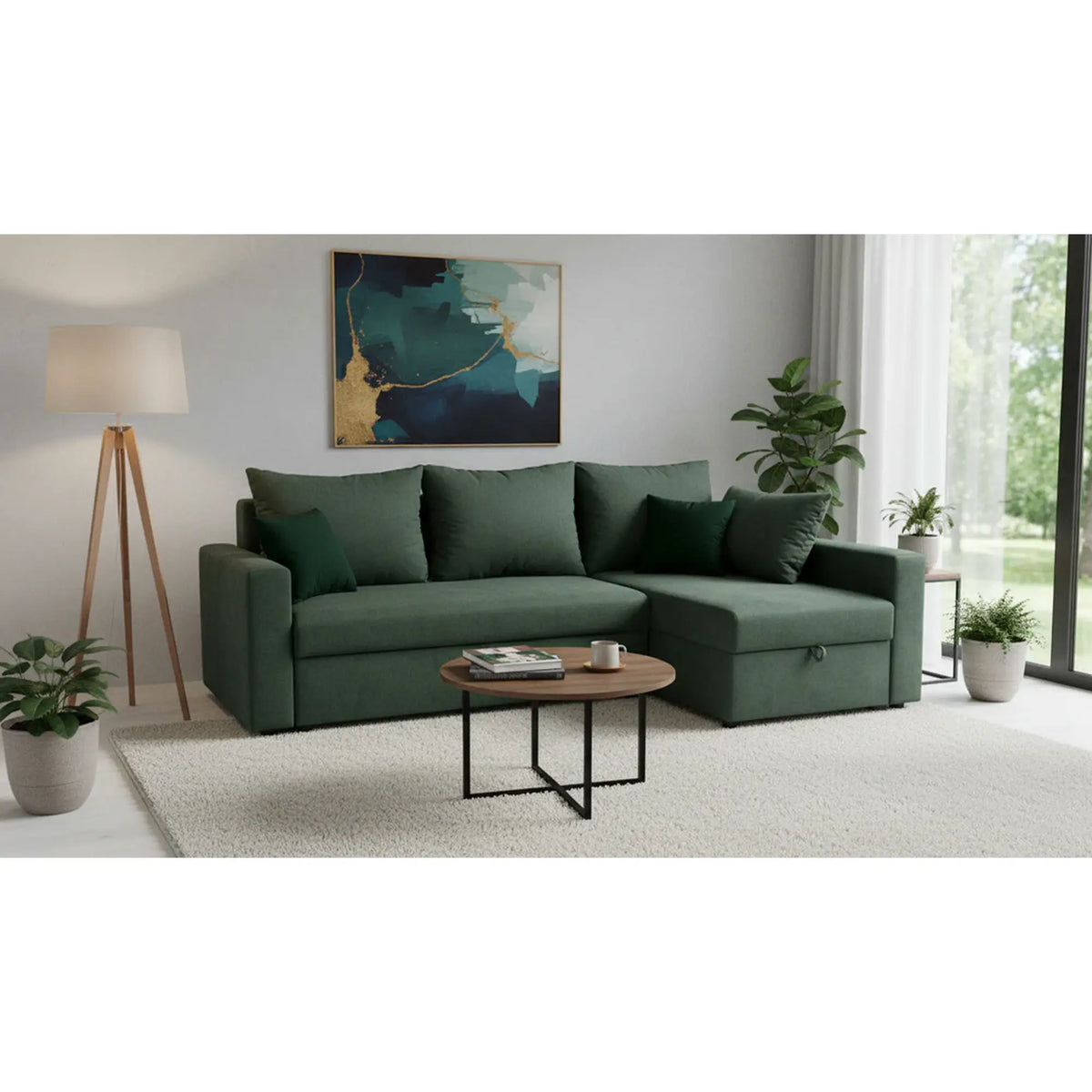 Coltar extensibil PREZEMEK IV, universal, stofa clasica verde, cu lada depozitare, 240x138x89 cm