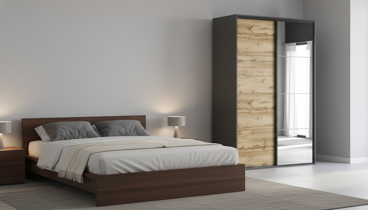 Dulap FLEX, gri grafit/stejar wotan, PAL, cu 2 usi si oglinda, 150x66x240 cm