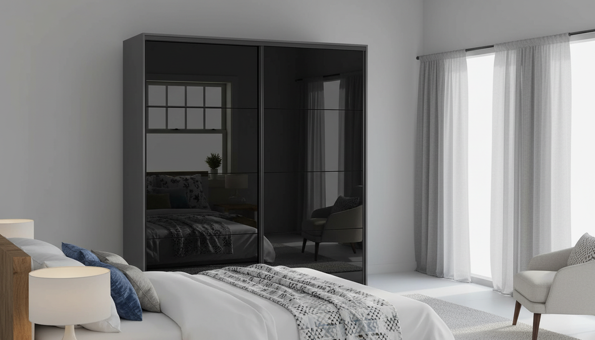 Dressing FLEX, gri grafit/negru lucios, PAL, cu 2 usi, 220x66x240 cm