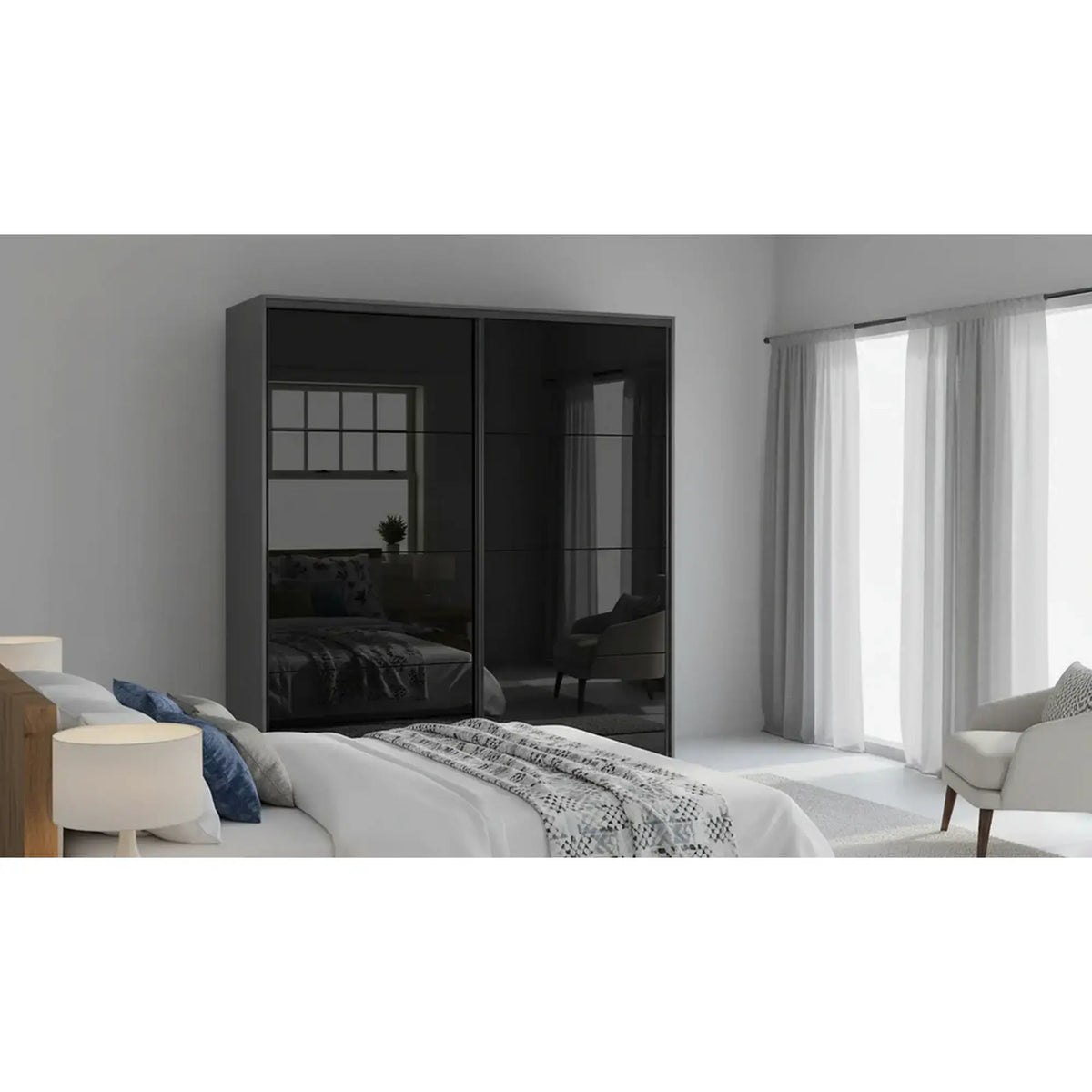 Dressing FLEX, gri grafit/negru lucios, PAL, cu 2 usi, 220x66x240 cm