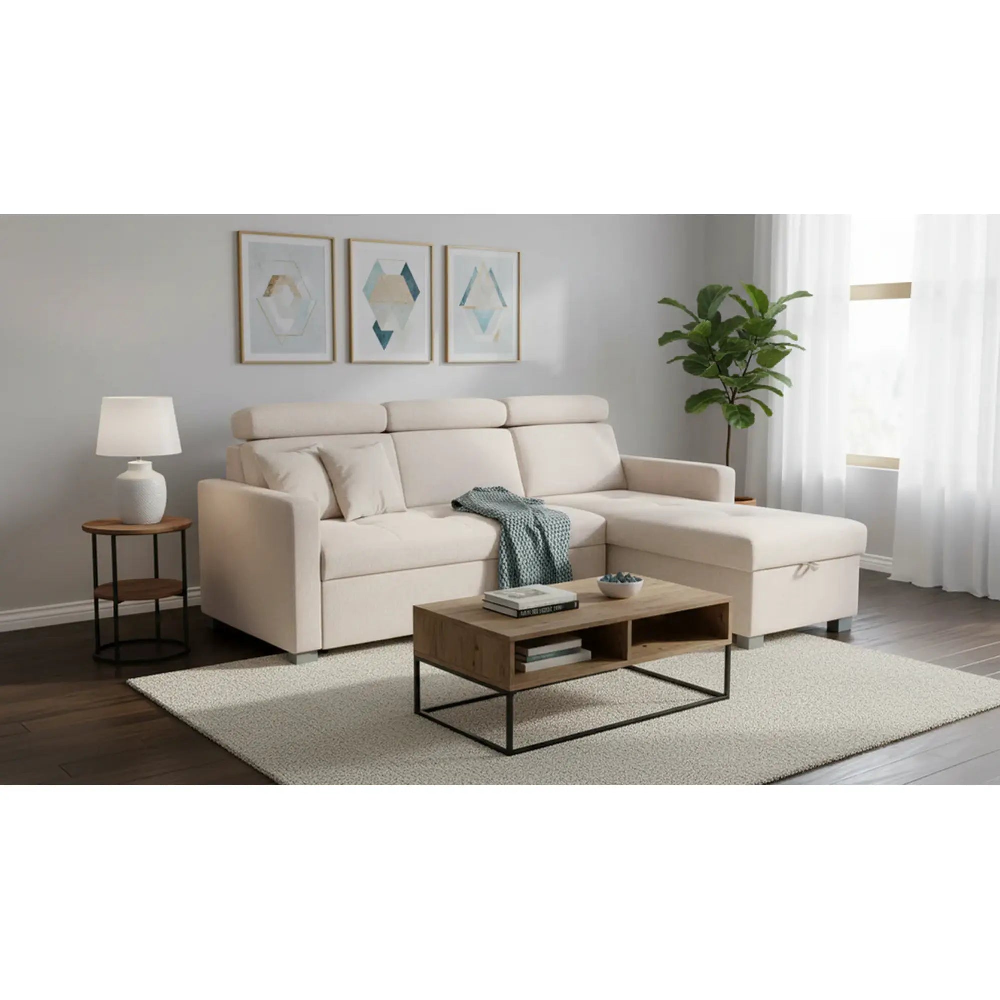 Coltar extensibil BRICO, universal, stofa catifelata bej - Element 17, cu lada depozitare, 204x168x99 cm