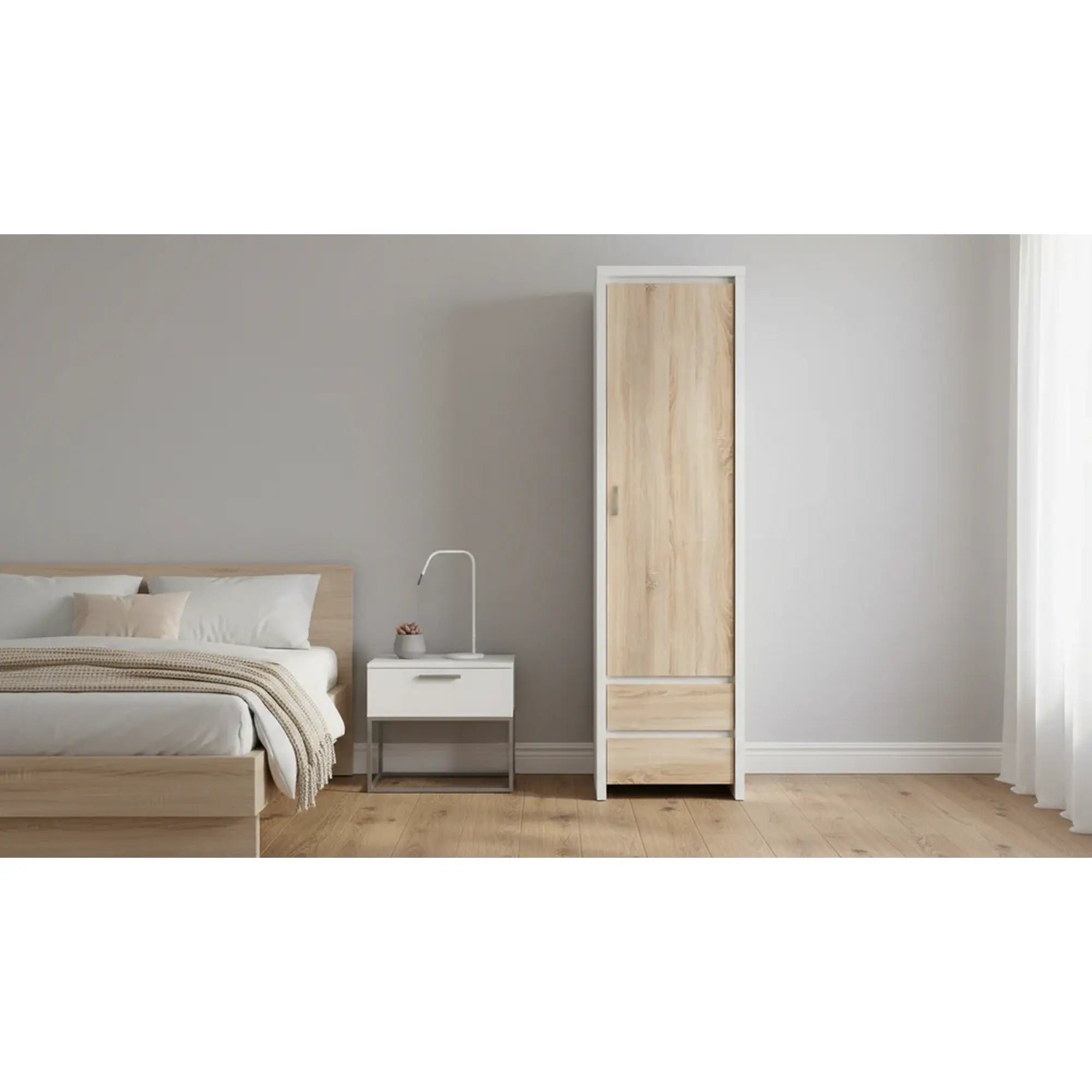 Dulap KASPIAN, stejar sonoma/alb, PAL, cu o usa si 2 sertare, 56x41x201 cm