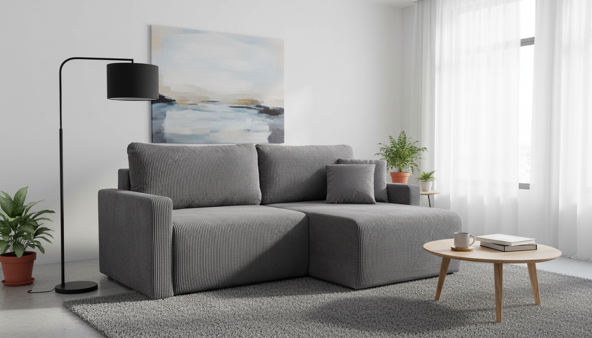 Coltar extensibil RUFIO, universal, stofa catifelata gri - Paso 22, cu lada depozitare, 230x146x91 cm
